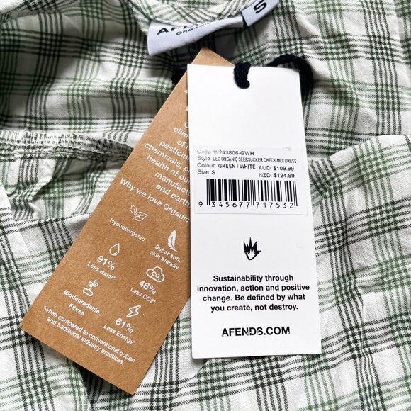 AFENDS Leo Seersucker Check Midi Dress Green White Size Small NEW NWT - Picture 6 of 9